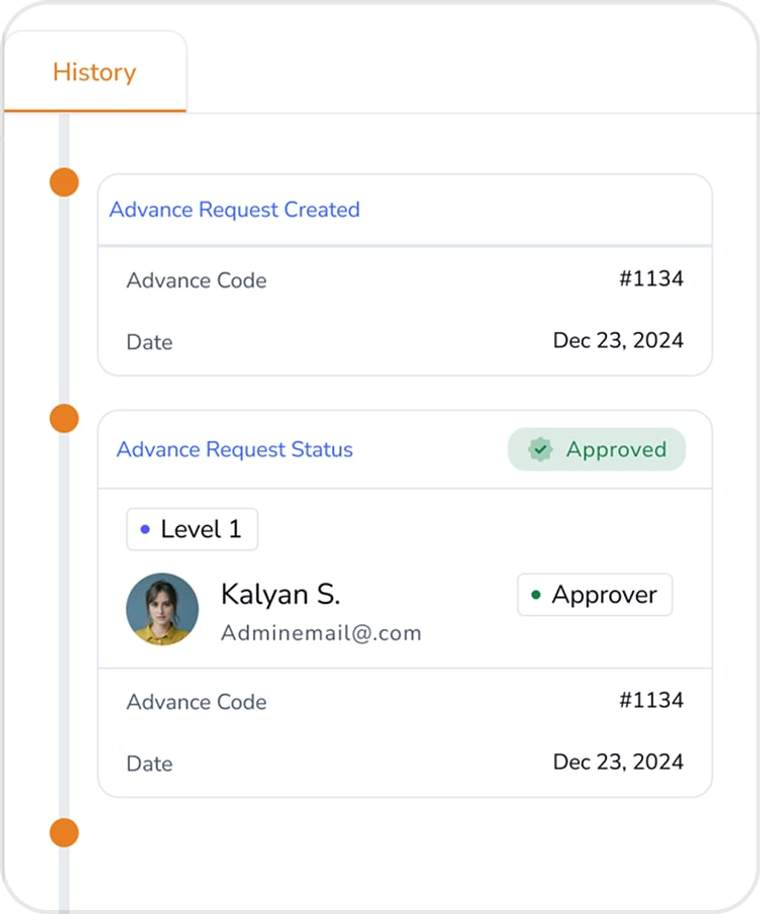 Xpense portal with demo data: the history of an advance request, with the approval level and the approver