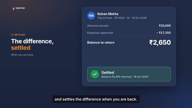 Still from an Xpense product video, with demo data: an advance, the expenses approved against it and the balance settled