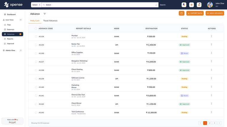 Xpense portal with demo data: the petty cash advances list with mode, amount and status