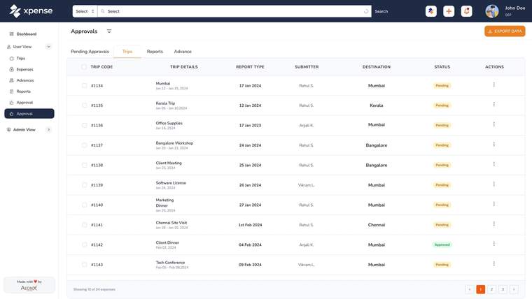 Xpense portal with demo data: the approvals list for trips, with submitter, destination and status