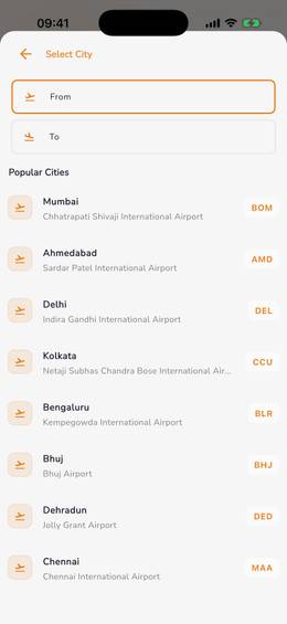 Xpense app: choosing the departure and arrival cities for a flight