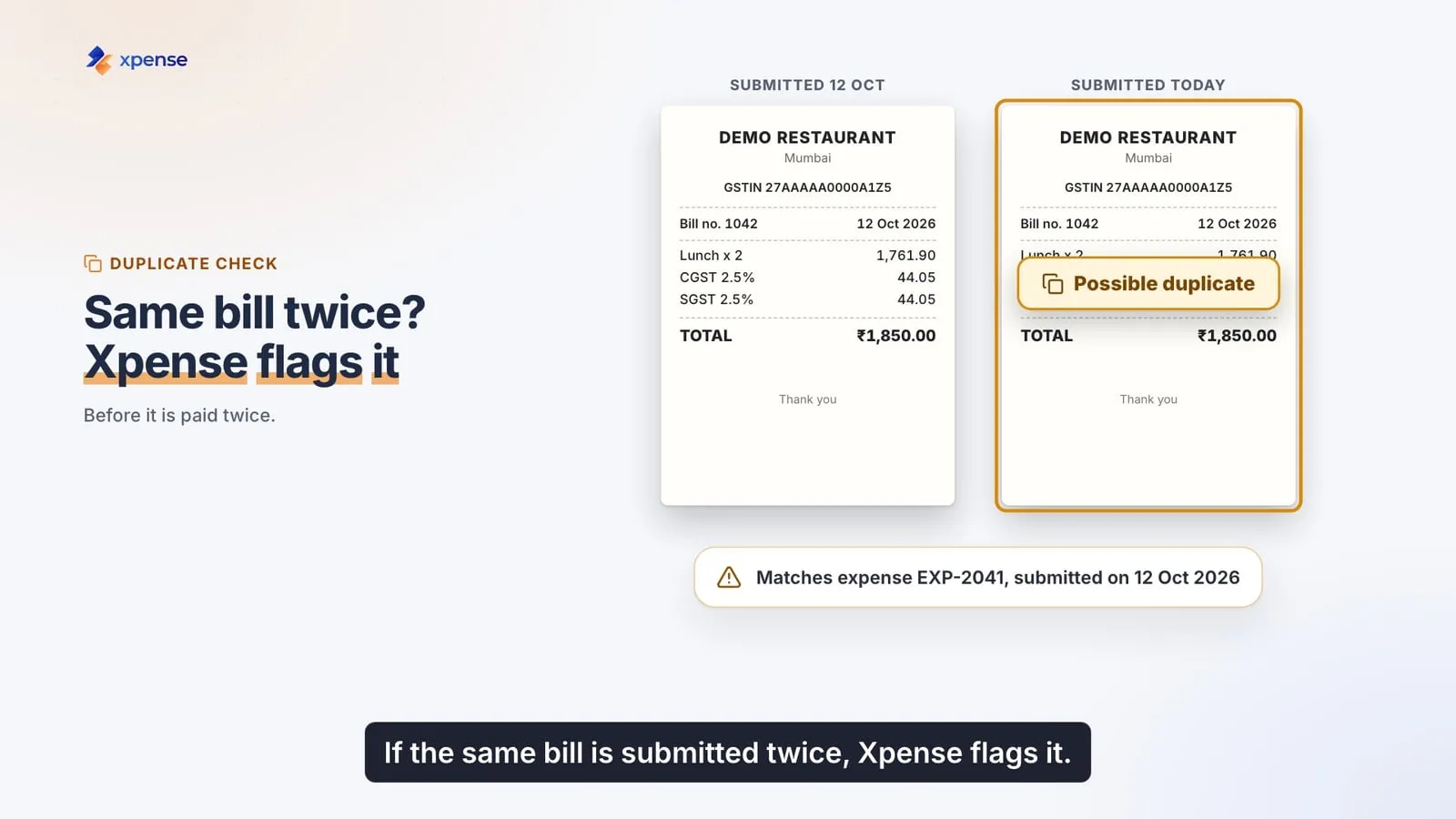 Two matching receipts, the second flagged as a possible duplicate