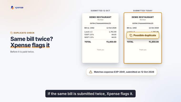 Still from an Xpense product video, with demo data: two matching receipts, the second marked as a possible duplicate