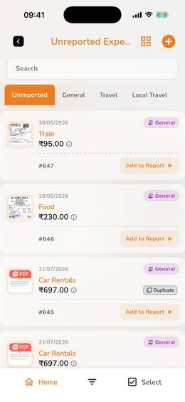 Xpense app: unreported expenses with receipt thumbnails and a duplicate flag