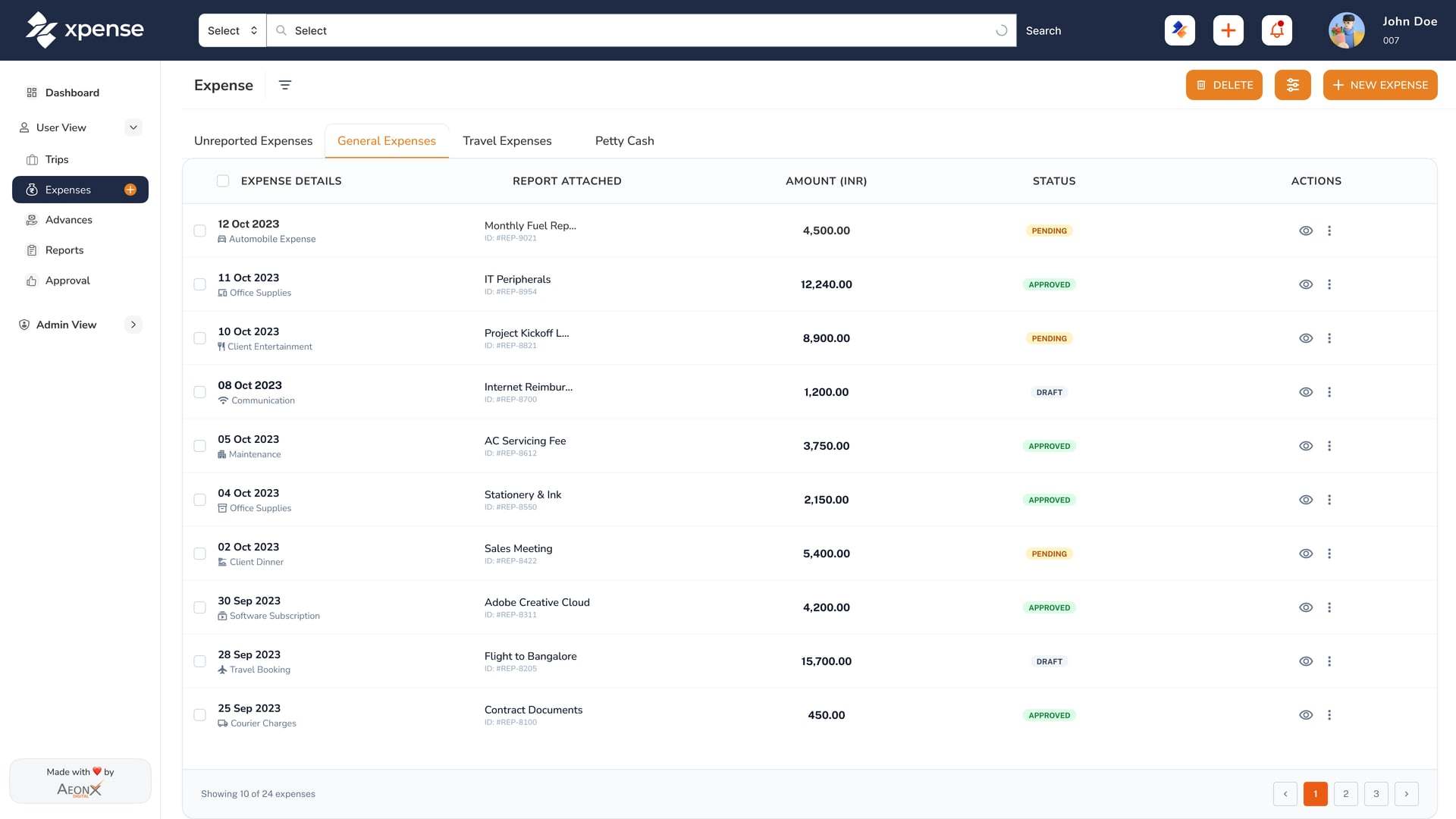Xpense portal with demo data: the general expenses list with the report, amount and status of each expense