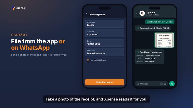 Still from an Xpense product video, with demo data: an expense form in the app beside a WhatsApp chat that logs the same expense