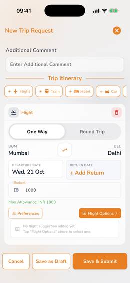 Xpense app: the flight card on a trip request, with one-way and round-trip, dates and preferences