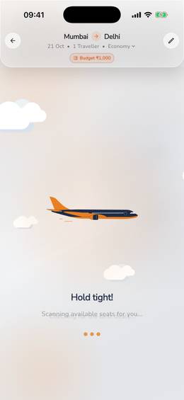 Xpense app: a flight search in progress for a one-traveller trip