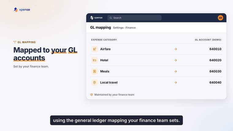 Still from an Xpense product video, with demo data: a table that maps expense categories to GL accounts