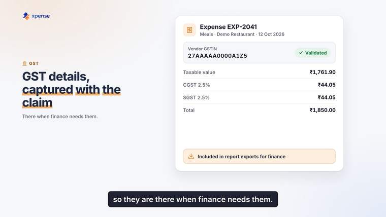Still from an Xpense product video, with demo data: an expense with the vendor GSTIN validated and the tax amounts listed