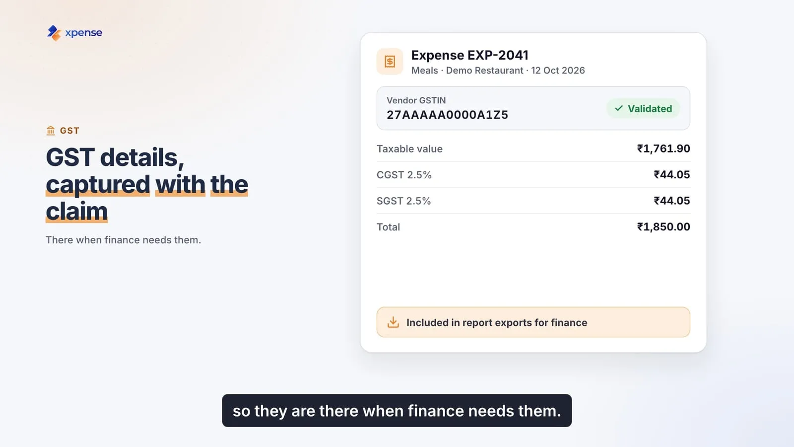 GST details recorded on an expense