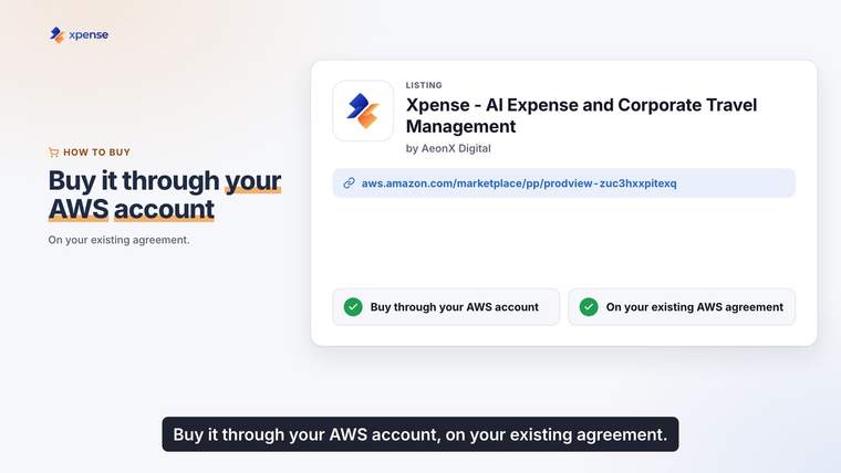 Still from an Xpense product video, with demo data: the Xpense listing in AWS Marketplace