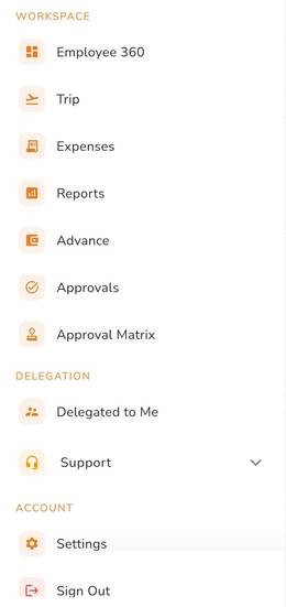 Xpense app: the menu with trips, expenses, reports, advances and approvals