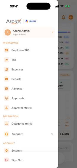 Xpense app: the side menu with trips, expenses, reports, advances and approvals