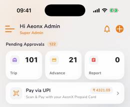 Xpense app home screen: pending approvals, and the Pay via UPI row for the AeonX Prepaid Card