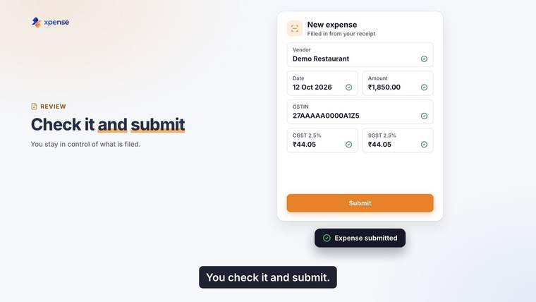 Still from an Xpense product video, with demo data: a new expense with the fields read from the receipt, ready to submit