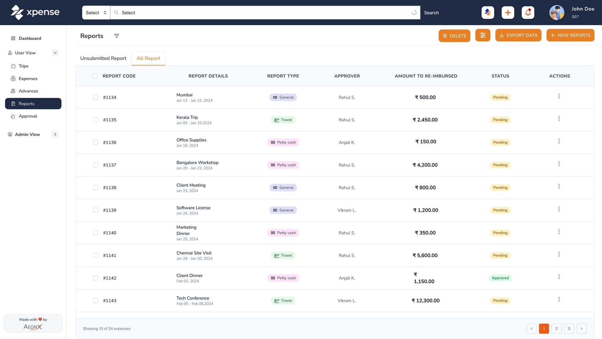 Xpense portal with demo data: the reports list with report type, approver, amount to reimburse and status