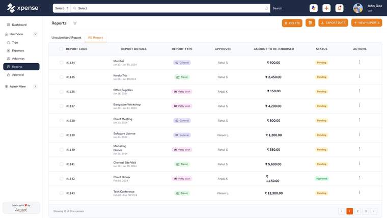 Xpense portal with demo data: the reports list with report type, approver, amount to reimburse and status