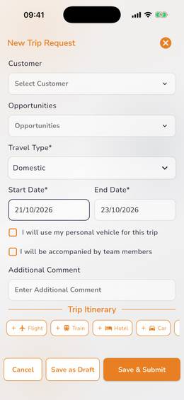 Xpense app: a new trip request with travel type, dates and the trip itinerary