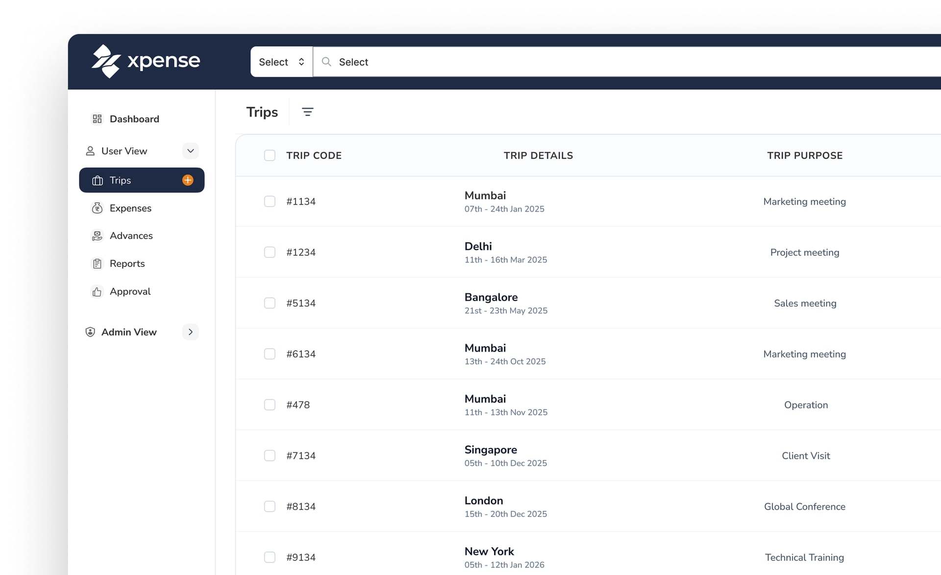 Xpense portal with demo data: the trips list with trip code, destination, dates and purpose