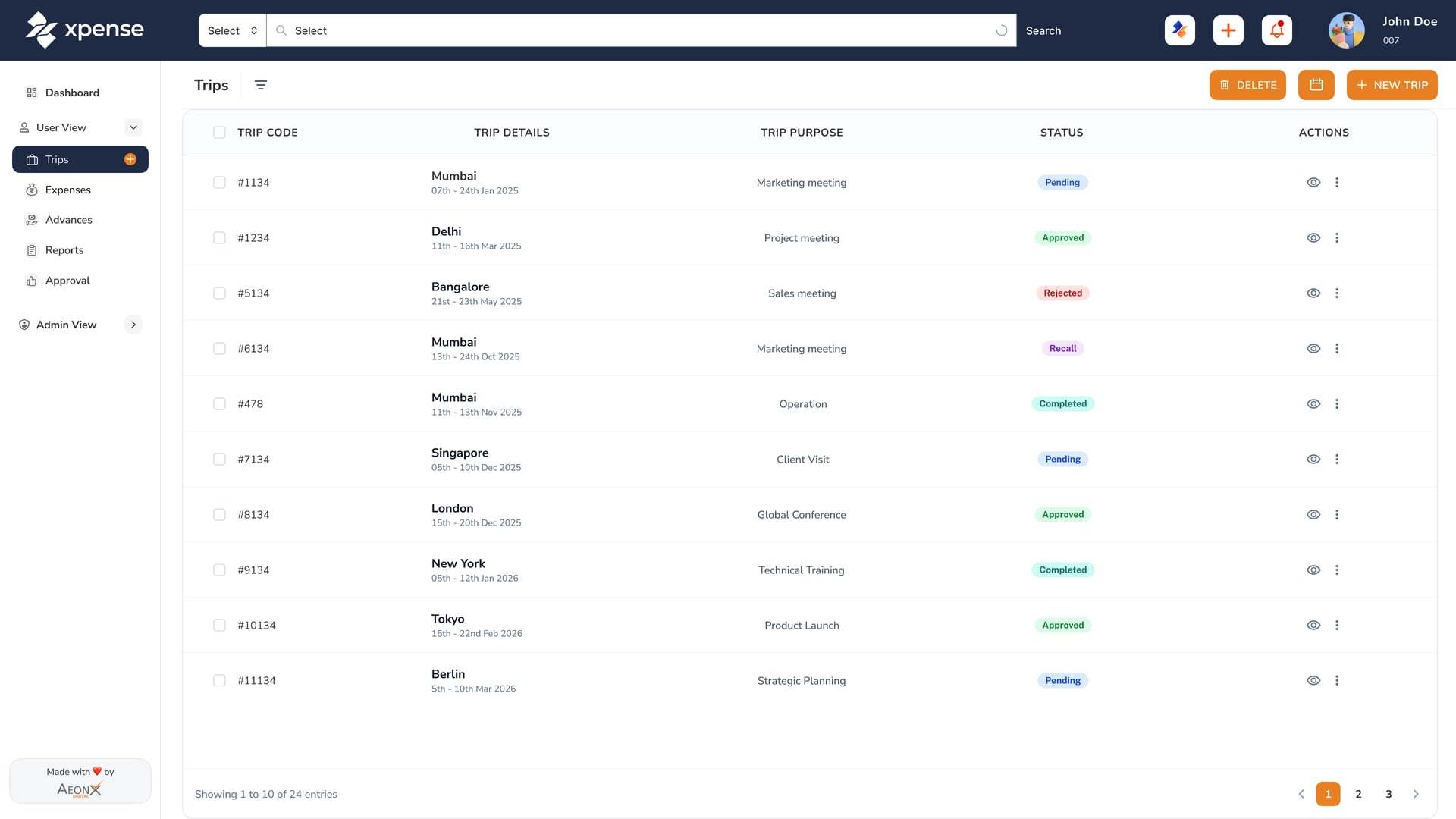 Xpense portal with demo data: the trips list with destination, purpose and status