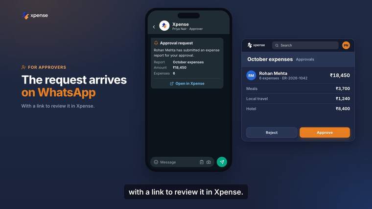 Still from an Xpense product video, with demo data: an approval request on WhatsApp with a link that opens the report in Xpense