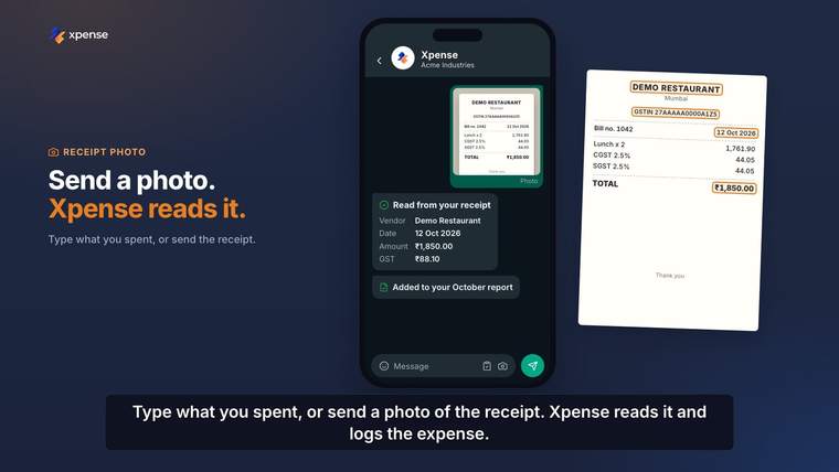 Still from an Xpense product video, with demo data: a receipt photo sent on WhatsApp and the details read from it