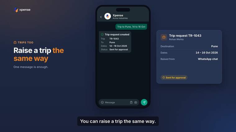 Still from an Xpense product video, with demo data: a trip request created from a WhatsApp message and sent for approval