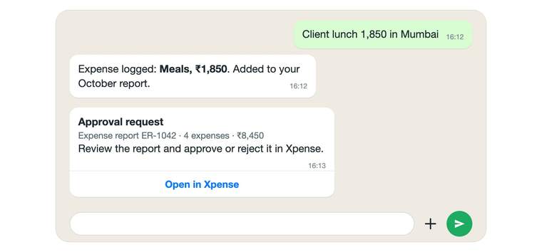 Illustration of a WhatsApp chat: an expense is logged from a message, and an approval request arrives with a link to open it in Xpense